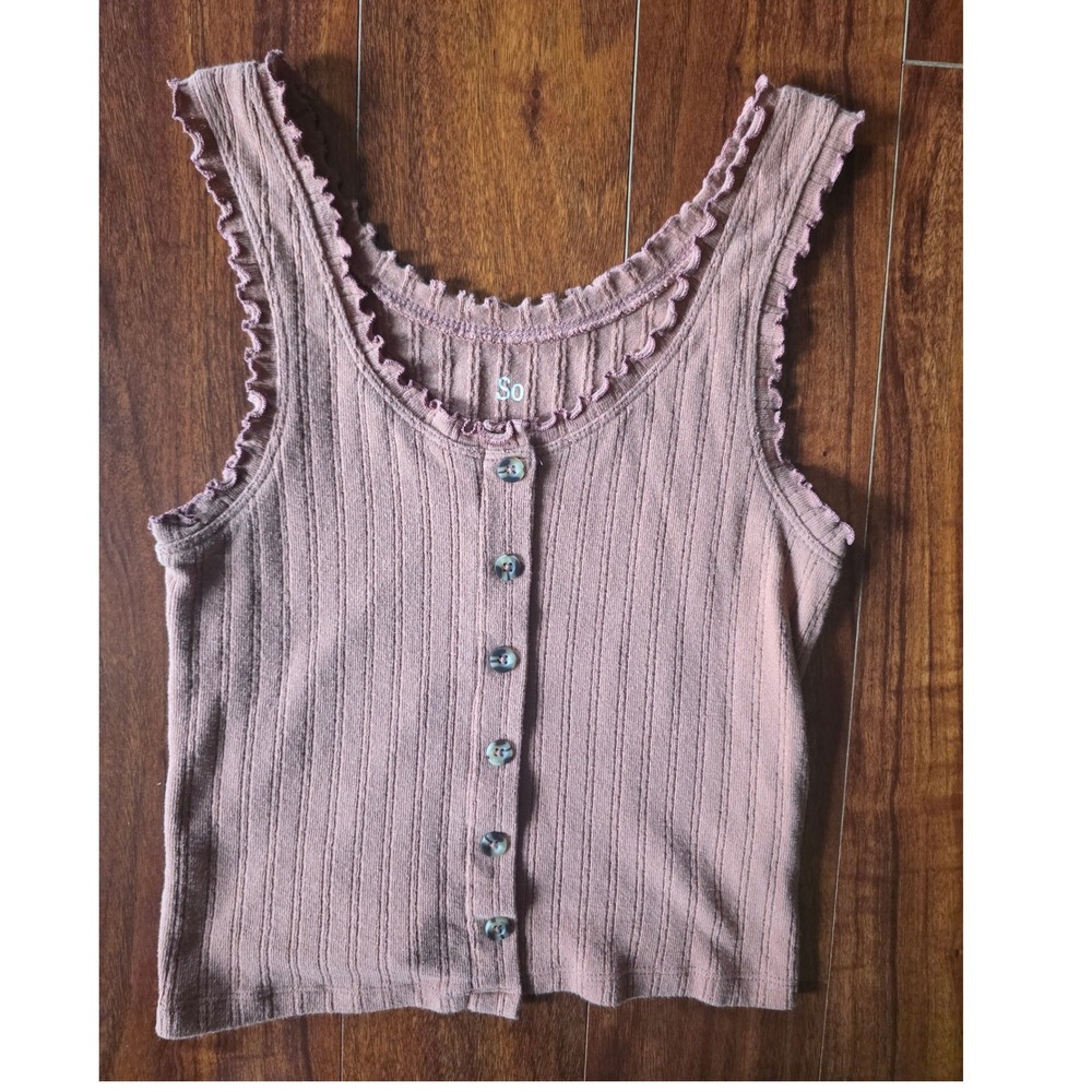 SO Mauve Pink Ribbed Button Front Tank Top Lettuce Edge Trim Womens Small S